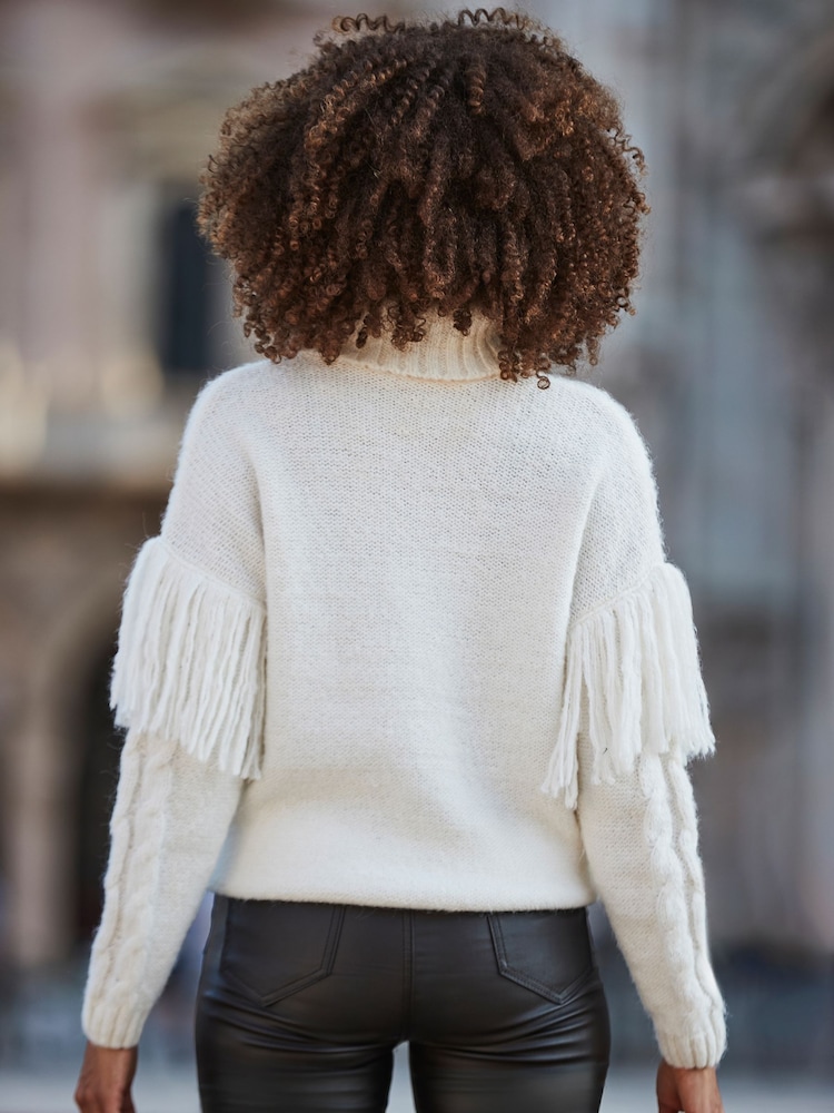 Sosandar Cream Fringe Detail Roll Neck Cable Jumper - Image 2 of 5 Sosandar Cream Fringe Detail Roll Neck Cable Jumper - Image 2 of 5