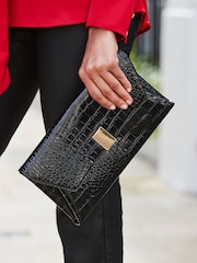 Sosandar Black Croc Effect Leather Clutch Bag With Gold Clasp - Image 1 of 5