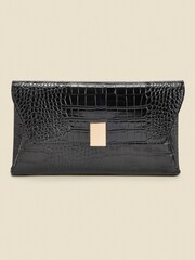 Sosandar Black Croc Effect Leather Clutch Bag With Gold Clasp - Image 3 of 5