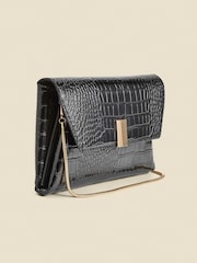 Sosandar Black Croc Effect Leather Clutch Bag With Gold Clasp - Image 4 of 5