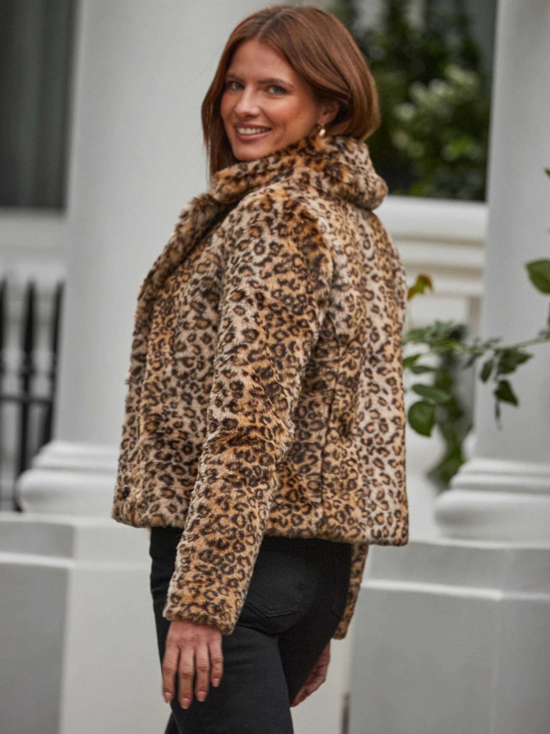 Buy Sosandar Brown Leopard Print Faux Fur Cropped Coat from Next USA