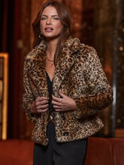 Sosandar Brown Leopard Print Faux Fur Cropped Coat - Image 5 of 5