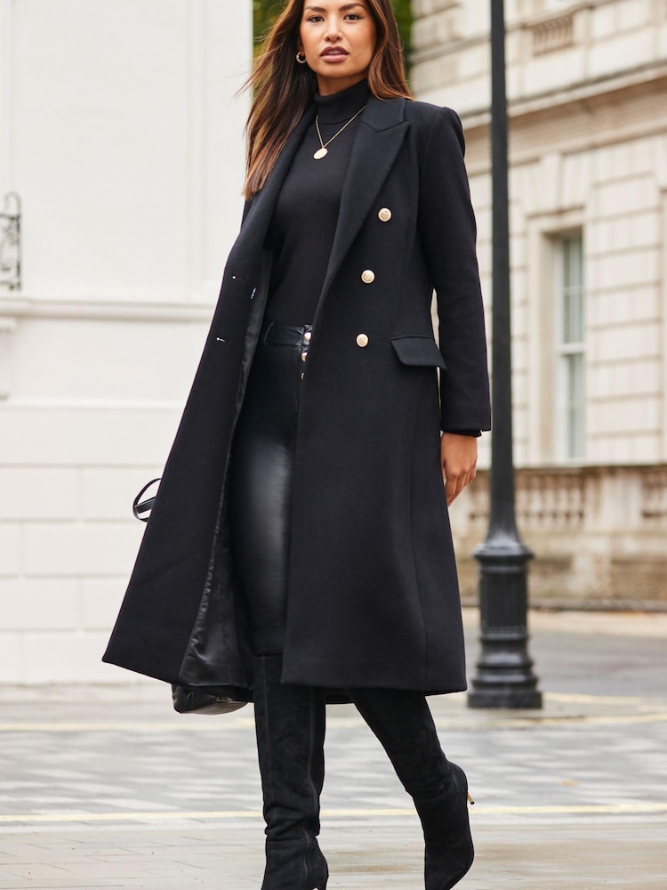 Sosandar Black Double Breasted Longline Coat - Image 1 of 5