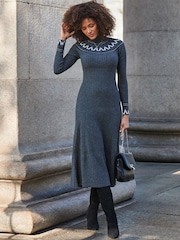Sosandar Grey Knitted Fit and Flare Petite Fairisle Midaxi Dress - Image 1 of 5