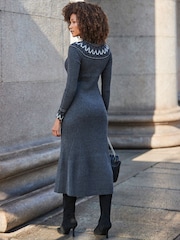 Sosandar Grey Knitted Fit and Flare Petite Fairisle Midaxi Dress - Image 2 of 5