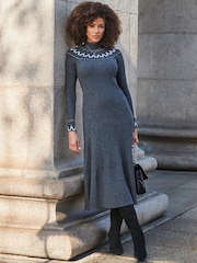 Sosandar Grey Knitted Fit and Flare Petite Fairisle Midaxi Dress - Image 4 of 5