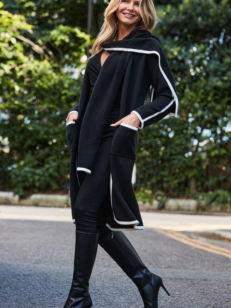 Sosandar Black Contrast Trim Cardigan With Scarf - Image 2 of 5