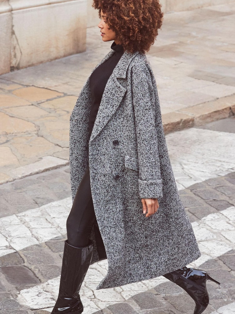 Sosandar Black Petite Herringbone Wool Mix Longline Coat - Image 2 of 5