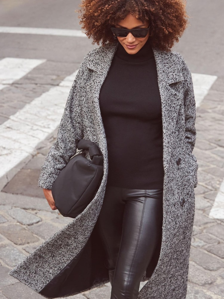 Sosandar Black Petite Herringbone Wool Mix Longline Coat - Image 5 of 5