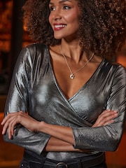 Sosandar Metallic Petite Metallic Wrap Top - Image 3 of 5