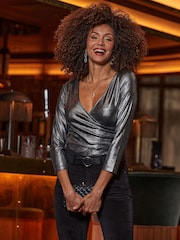 Sosandar Metallic Petite Metallic Wrap Top - Image 4 of 5