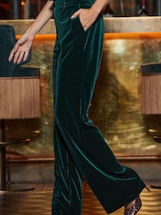 Sosandar Green Petite Luxe Velvet Wide Leg Trousers - Image 3 of 5