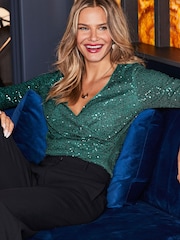 Sosandar Green Sequin Faux Wrap Top - Image 4 of 5