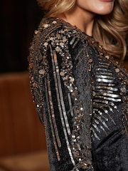 Sosandar Black Velvet Embellished Pencil Mini Dress - Image 4 of 5