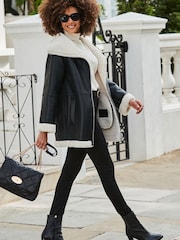 Sosandar Black Faux Leather Shearling Coat - Image 1 of 5