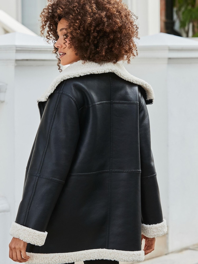 Sosandar Black Faux Leather Shearling Coat - Image 4 of 5