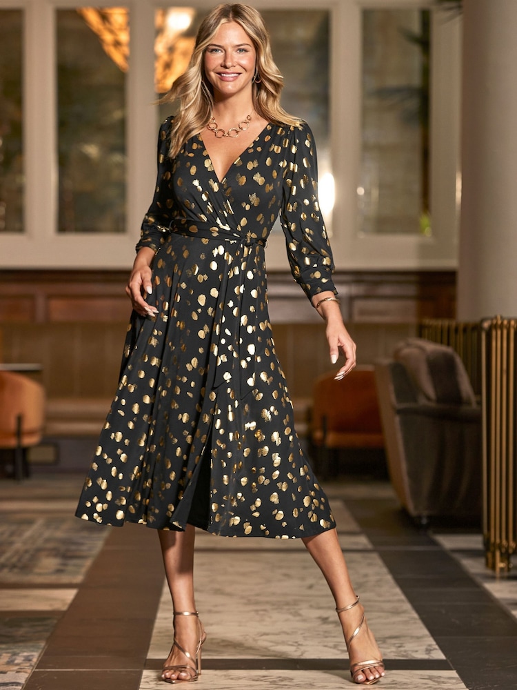 Sosandar Black Metallic Spot Print Wrap Dress - Image 2 of 6 Sosandar Black Metallic Spot Print Wrap Dress - Image 2 of 6
