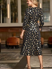 Sosandar Black Fleck Print Fit & Flare Midi Dress - Image 4 of 6
