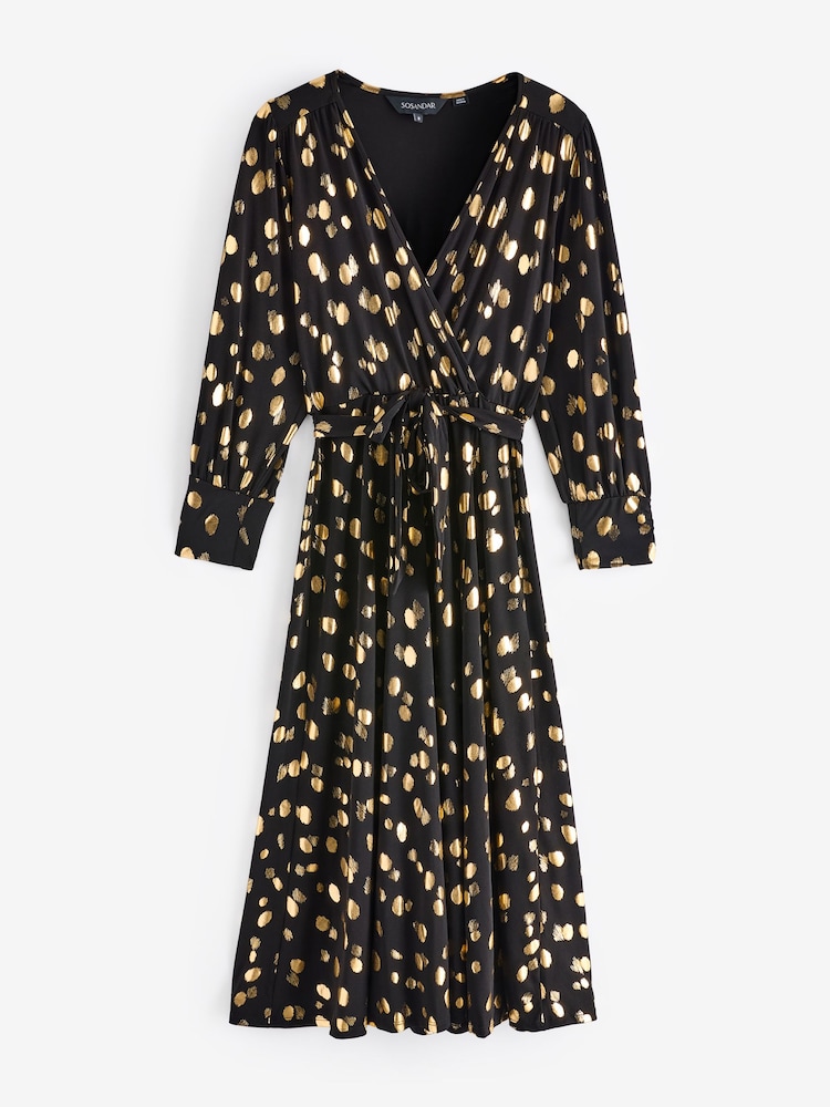 Sosandar Black Metallic Spot Print Wrap Dress - Image 6 of 6 Sosandar Black Metallic Spot Print Wrap Dress - Image 6 of 6