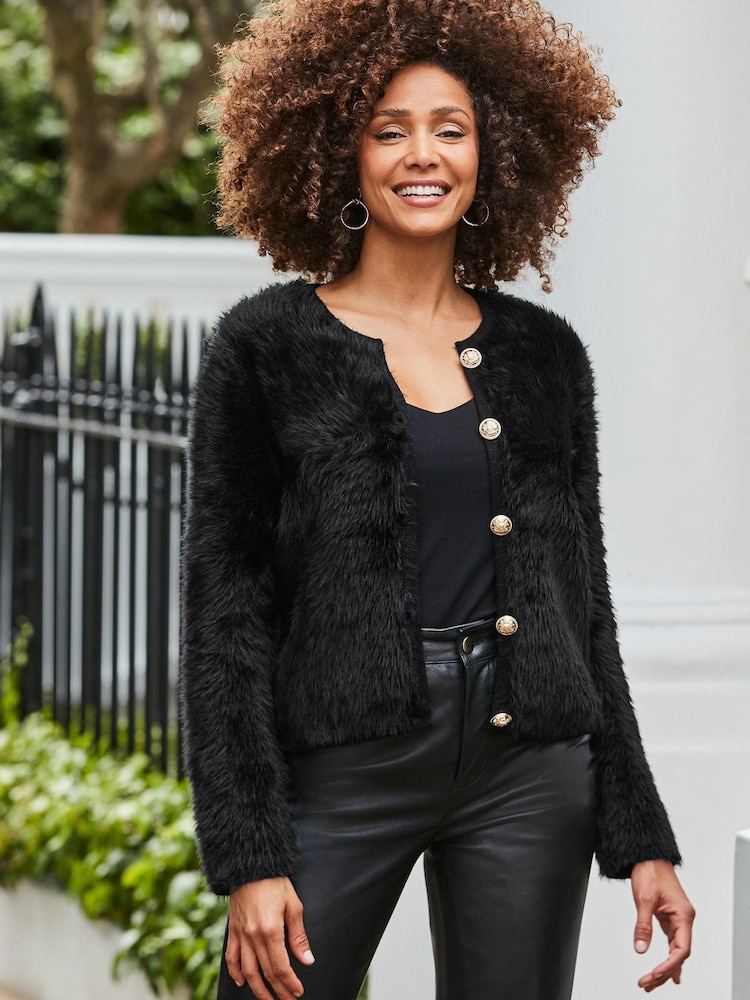 Sosandar Fluffy Knit Cardigan With Luxe Gold Buttons - Imagen 1 de 5 Sosandar Fluffy Knit Cardigan With Luxe Gold Buttons - Imagen 1 de 5