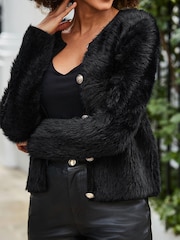 Sosandar Black Fluffy Knit Cardigan With Luxe Gold Buttons - Image 4 of 5