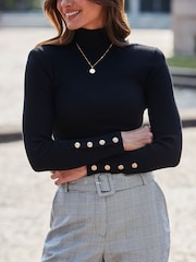 Sosandar Black Roll Neck Jumper With Gold Button Detail - Image 2 of 5