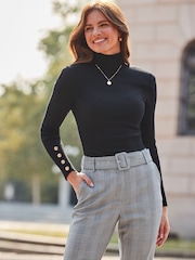 Sosandar Black Roll Neck Jumper With Gold Button Detail - Image 3 of 5
