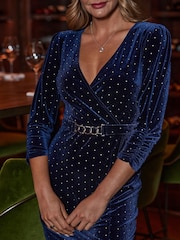 Sosandar Blue Velvet Sparkle Wrap Front Dress - Image 3 of 5