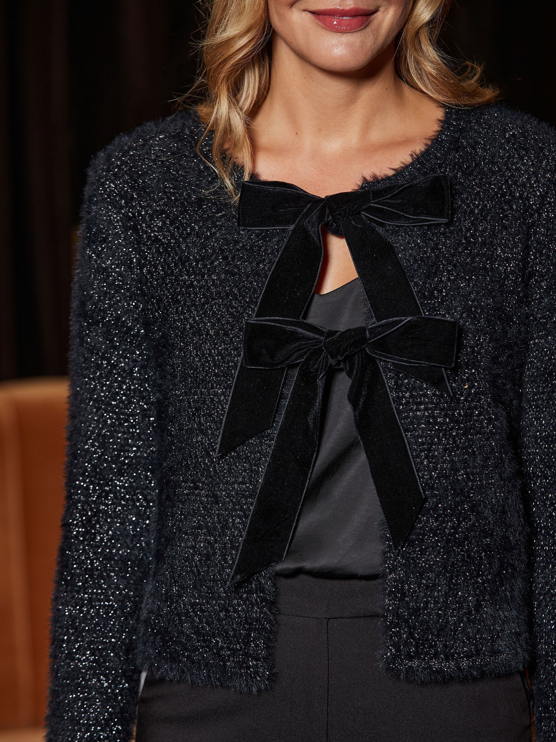 Buy Sosandar Black Metallic Knit Velvet Bow Cardigan from Next USA