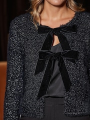 Sosandar Black Metallic Knit Velvet Bow Cardigan - Image 4 of 5