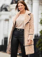 Sosandar Natural Faux Leather Trim Longline Borg Coat - Image 2 of 5