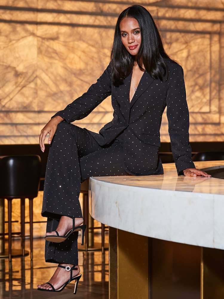 Sosandar Black Petite Luxury Sparkling Diamante Stud Blazer - Image 1 of 5