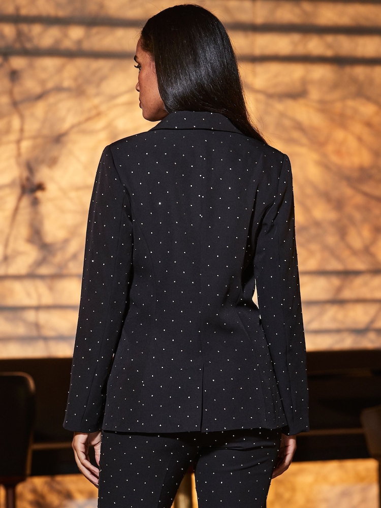 Sosandar Black Petite Luxury Sparkling Diamante Stud Blazer - Image 2 of 5