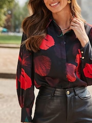 Sosandar Black Floral Print Satin Shirt - Image 5 of 5