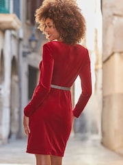 Sosandar Red Velvet Pencil Dress With Embellished Belt - Image 3 of 4