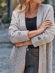 Sosandar Natural Cable Knit Button Cuff Longline Cardigan - Image 4 of 5