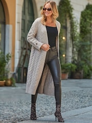 Sosandar Natural Cable Knit Button Cuff Longline Cardigan - Image 4 of 5