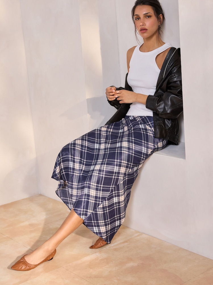 Blue Check Print Satin Midi Skirt - Image 1 of 5