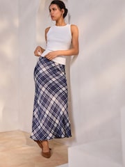 Blue Check Print Satin Midi Skirt - Image 2 of 5