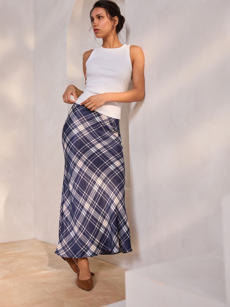 Blue Check Print Satin Midi Skirt - Image 2 of 5