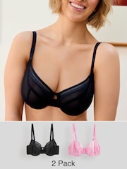 Black/Pink DD-K Mesh and Lace Trim Bras 2 Pack - Image 1 of 11