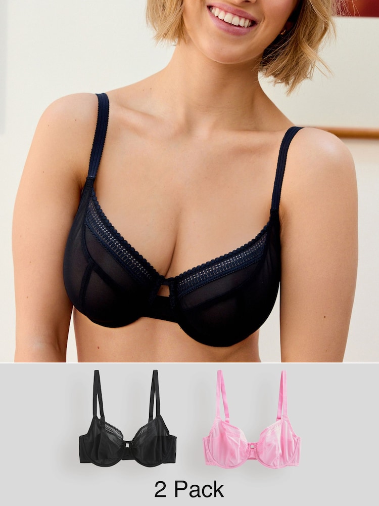 Black/Pink DD-K Mesh and Lace Trim Bras 2 Pack - Image 1 of 11