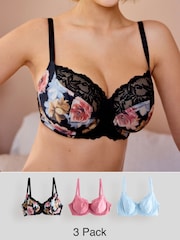 Blue/Pink/Floral 3 Pack DD+ Non Pad Wired Full Cup Microfibre Lace Bra - Image 1 of 13