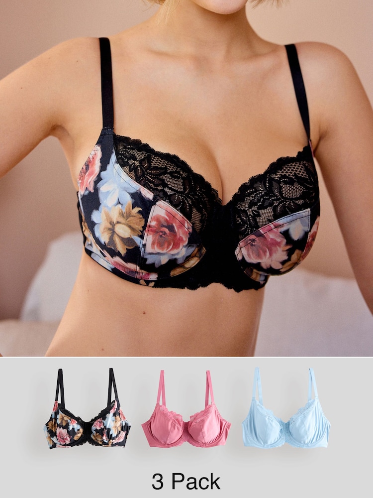 Blue/Pink/Floral 3 Pack DD+ Non Pad Wired Full Cup Microfibre Lace Bra - Image 1 of 13