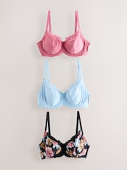 Blue/Pink/Floral 3 Pack DD+ Non Pad Wired Full Cup Microfibre Lace Bra - Image 8 of 13