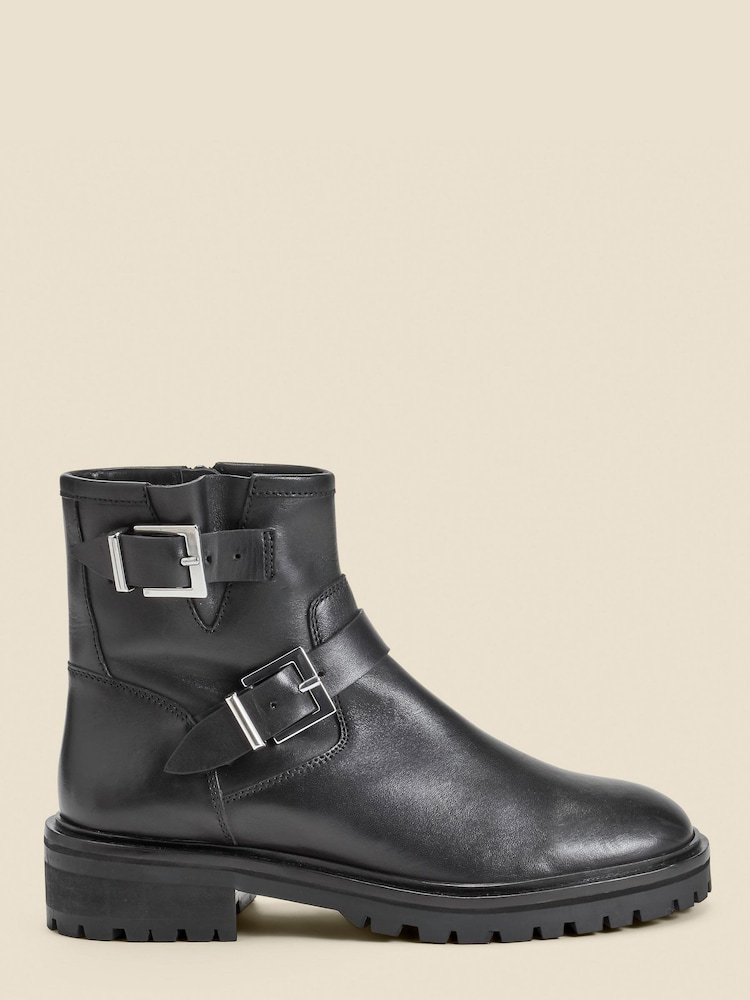 Sosandar Black Leather Buckle Detail Biker Boots - Image 1 of 4