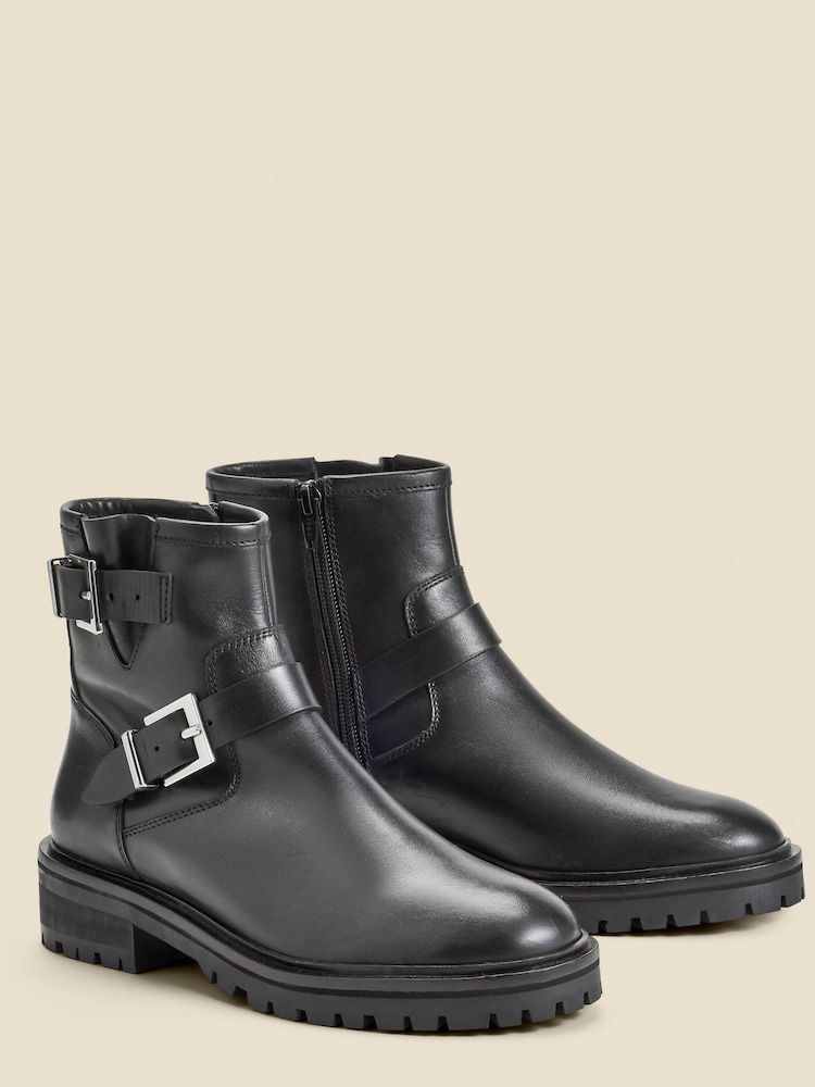 Sosandar Black Leather Buckle Detail Biker Boots - Image 2 of 4