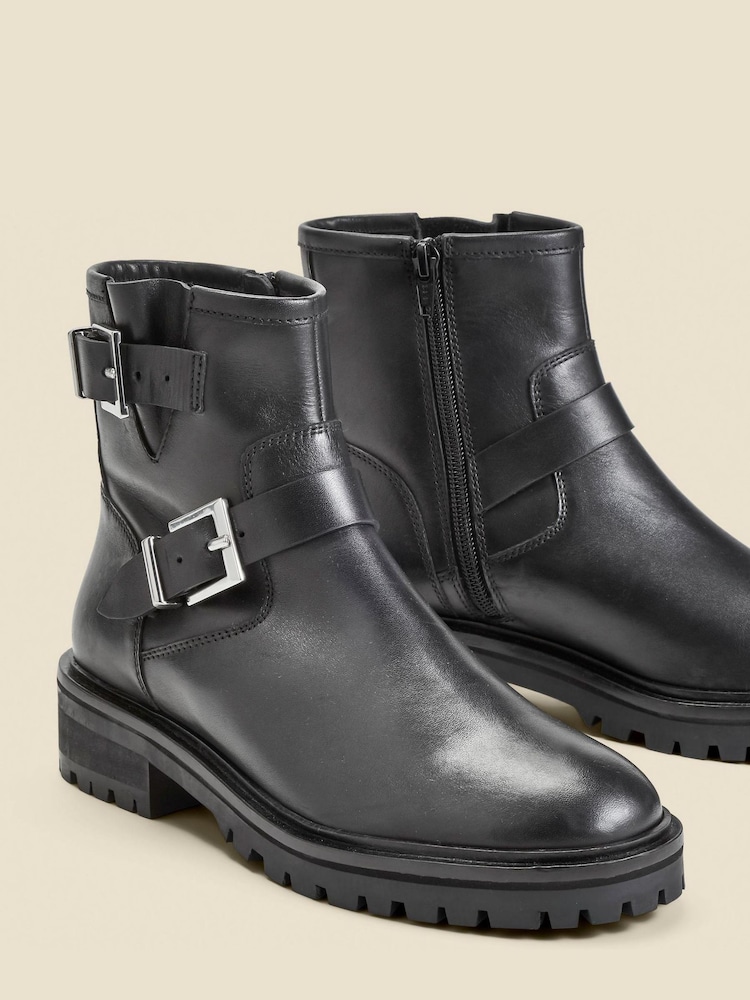 Sosandar Black Leather Buckle Detail Biker Boots - Image 4 of 4