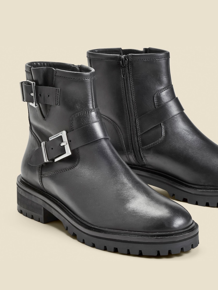 Sosandar Black Leather Buckle Detail Biker Boots - Image 1 of 4 Sosandar Black Leather Buckle Detail Biker Boots - Image 1 of 4