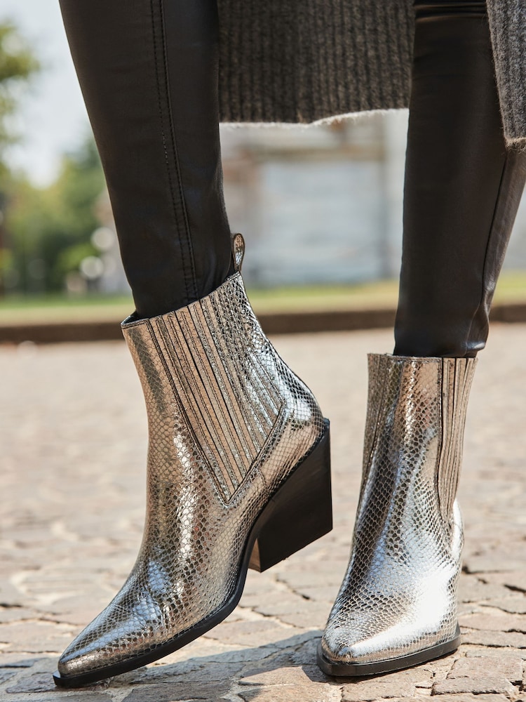 Sosandar Silver Leather Western Stack Heel Boots - Image 1 of 5